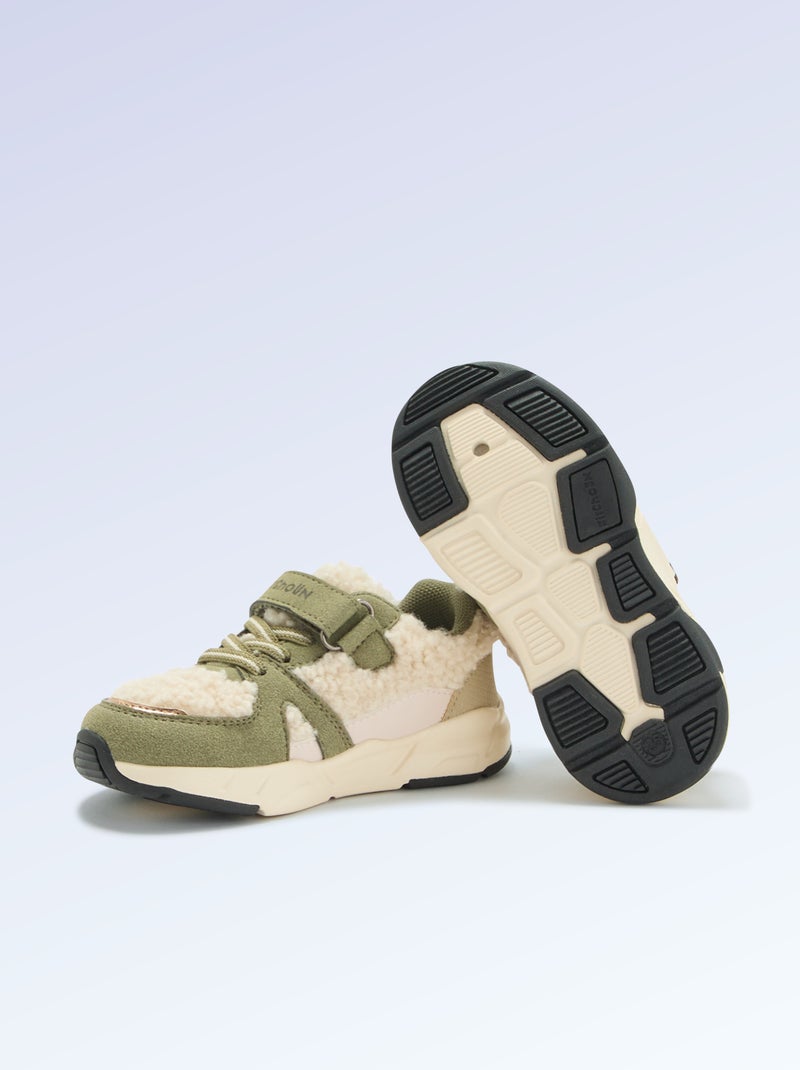 Lage sneakers van suède-look stof en met schapenvachteffect Kaki - Kiabi
