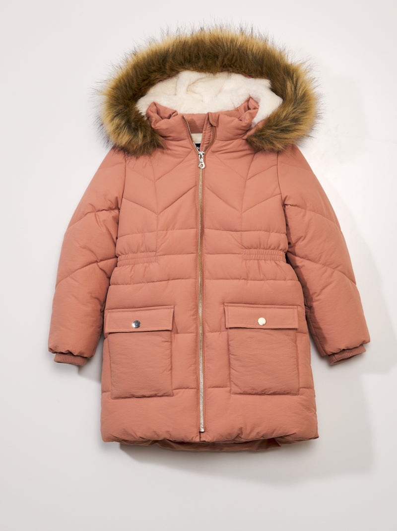 Lang donsjack met aangetrokken taille roze - Kiabi