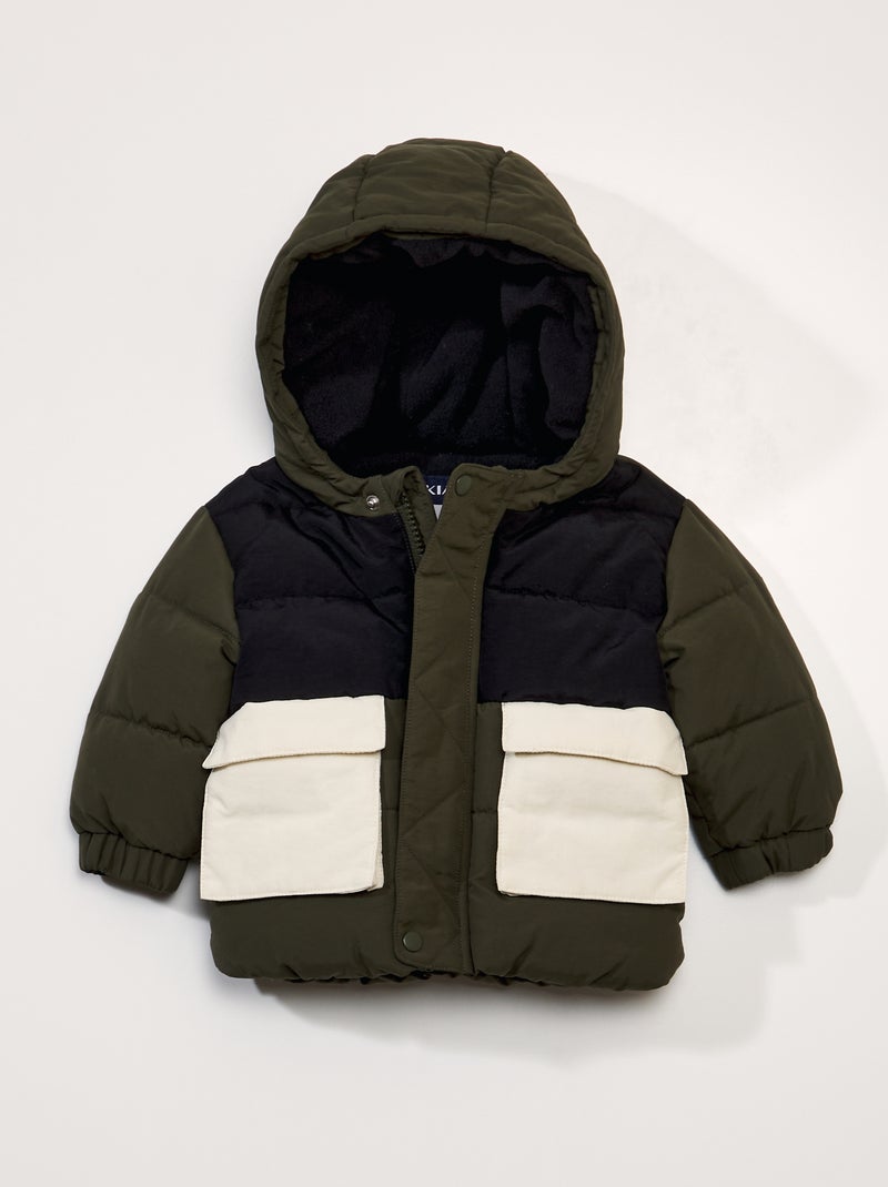 Lang donsjack met capuchon en colorblockpatroon KAKI - Kiabi