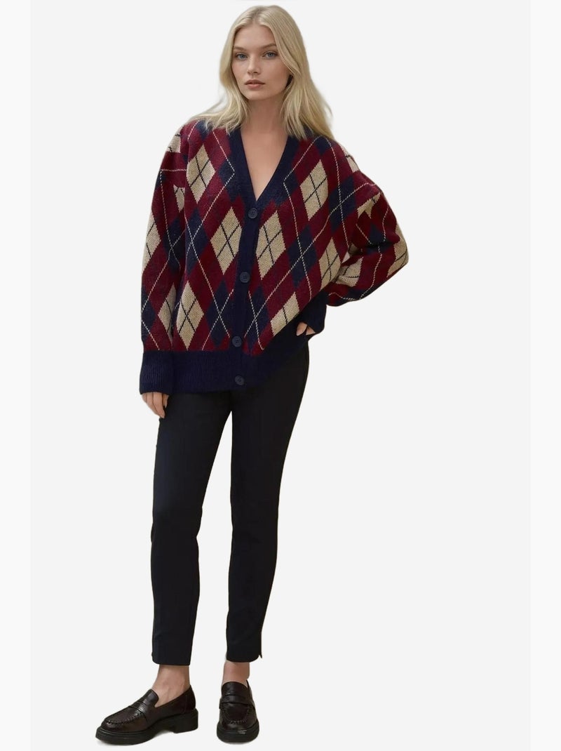 Lang v-hals geometrisch gebreid vest met knopen hiccup Bordeauxrood - Kiabi