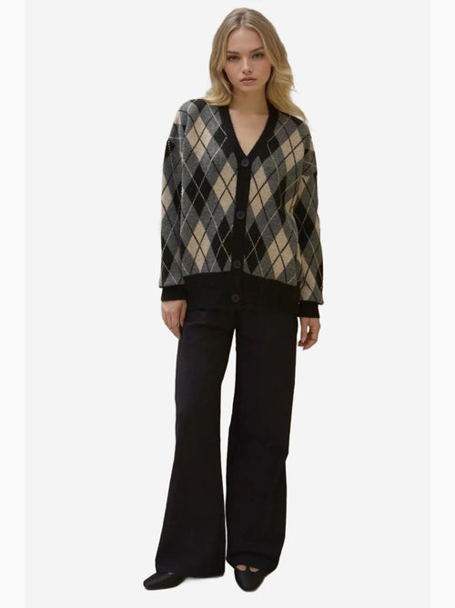 Lang v-hals geometrisch gebreid vest met knopen hiccup - Kiabi