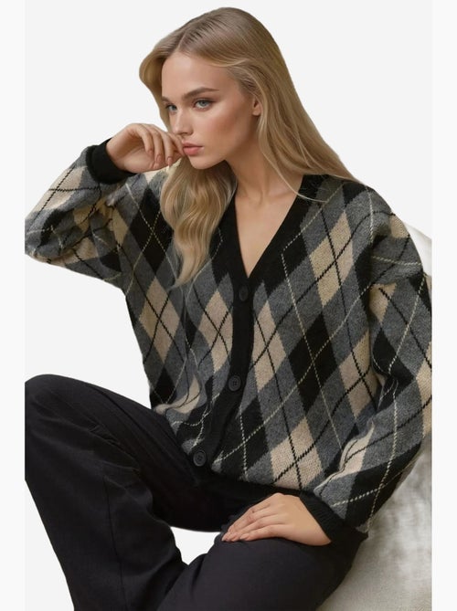Lang v-hals geometrisch gebreid vest met knopen hiccup - Kiabi