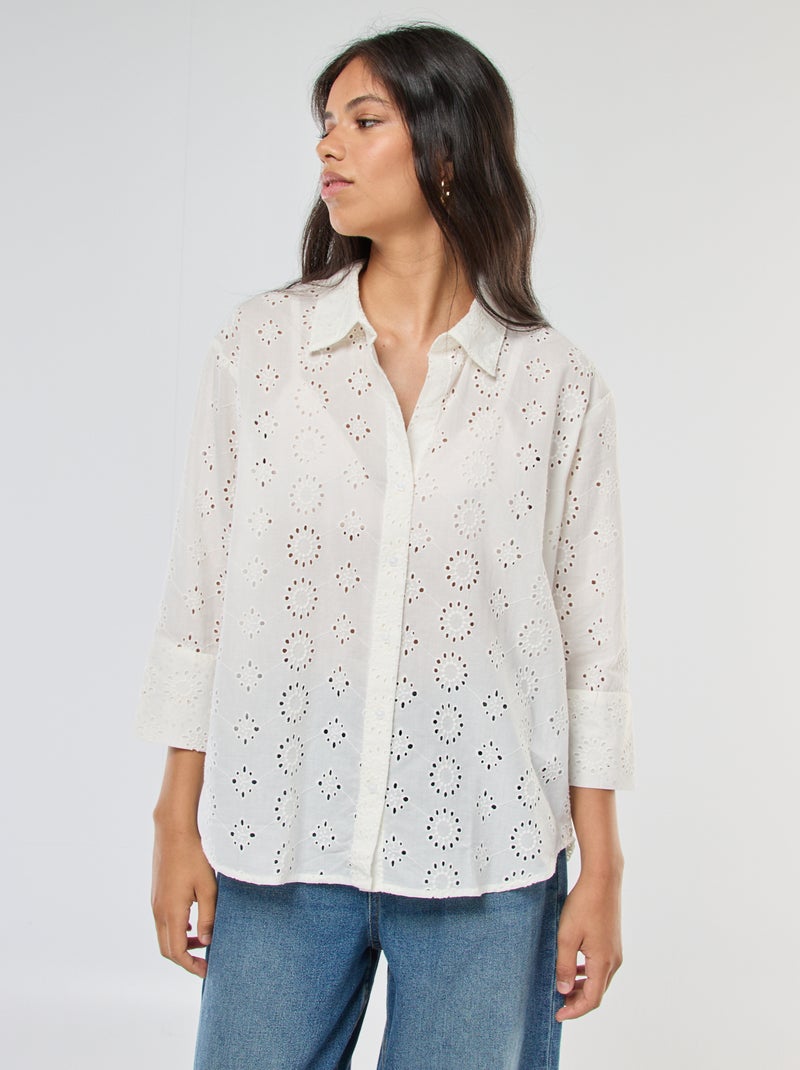 Lange blouse met 3/4-mouw en broderie anglaise | 'JDY' wit - Kiabi