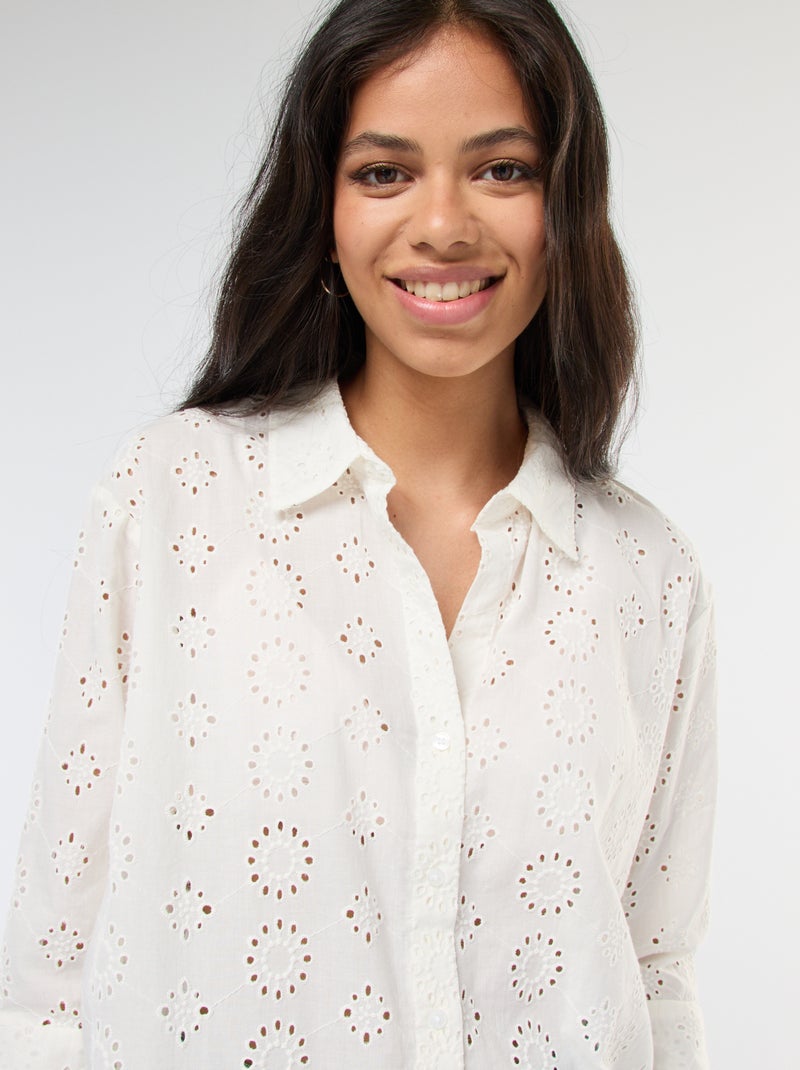 Lange blouse met 3/4-mouw en broderie anglaise | 'JDY' wit - Kiabi