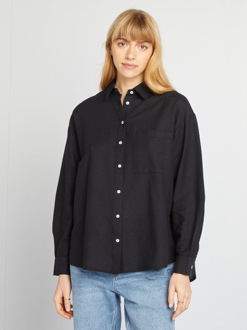 Lange blouse met borstzakje - 20% linnen zwart - Kiabi