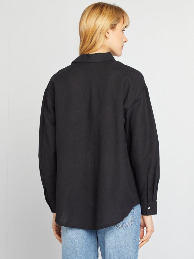 Lange blouse met borstzakje - 20% linnen zwart - Kiabi