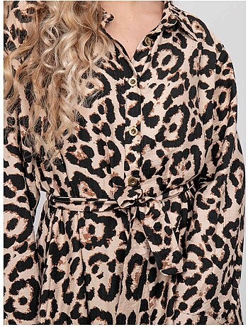 Lange blousejurk met luipaardprint en strikceintuur ivoriaz