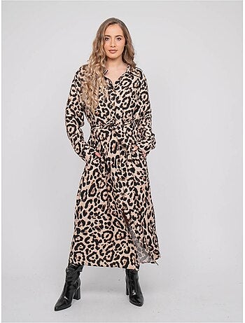 Lange blousejurk met luipaardprint en strikceintuur ivoriaz