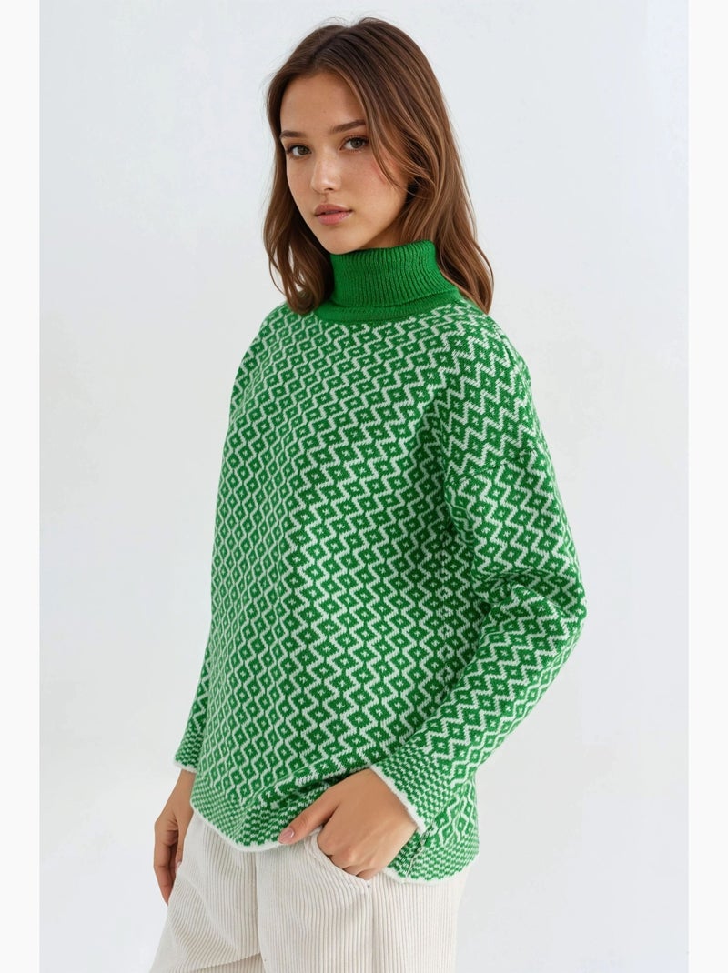 Lange coltrui met geometrisch patroon en ribgebreide trui my fashion Donkergroen - Kiabi