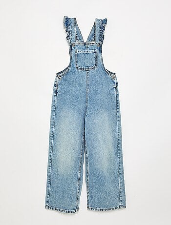 Lange denim tuinbroek met ruches aan de schouderbandjes