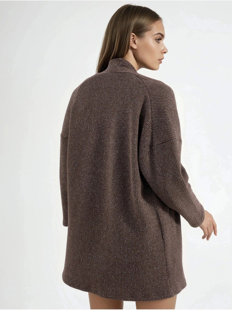 Lange geribde gebreide cardigan met open kraag busem Chocoladebruin - Kiabi