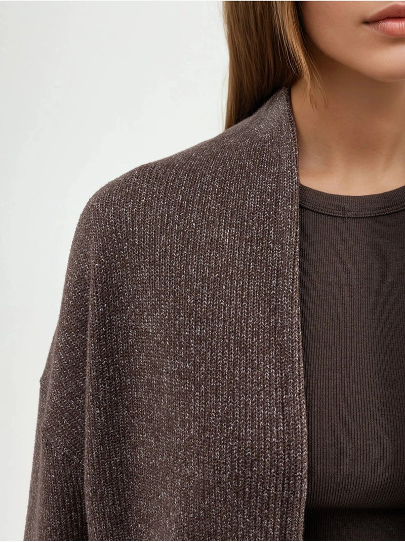 Lange geribde gebreide cardigan met open kraag busem Chocoladebruin - Kiabi