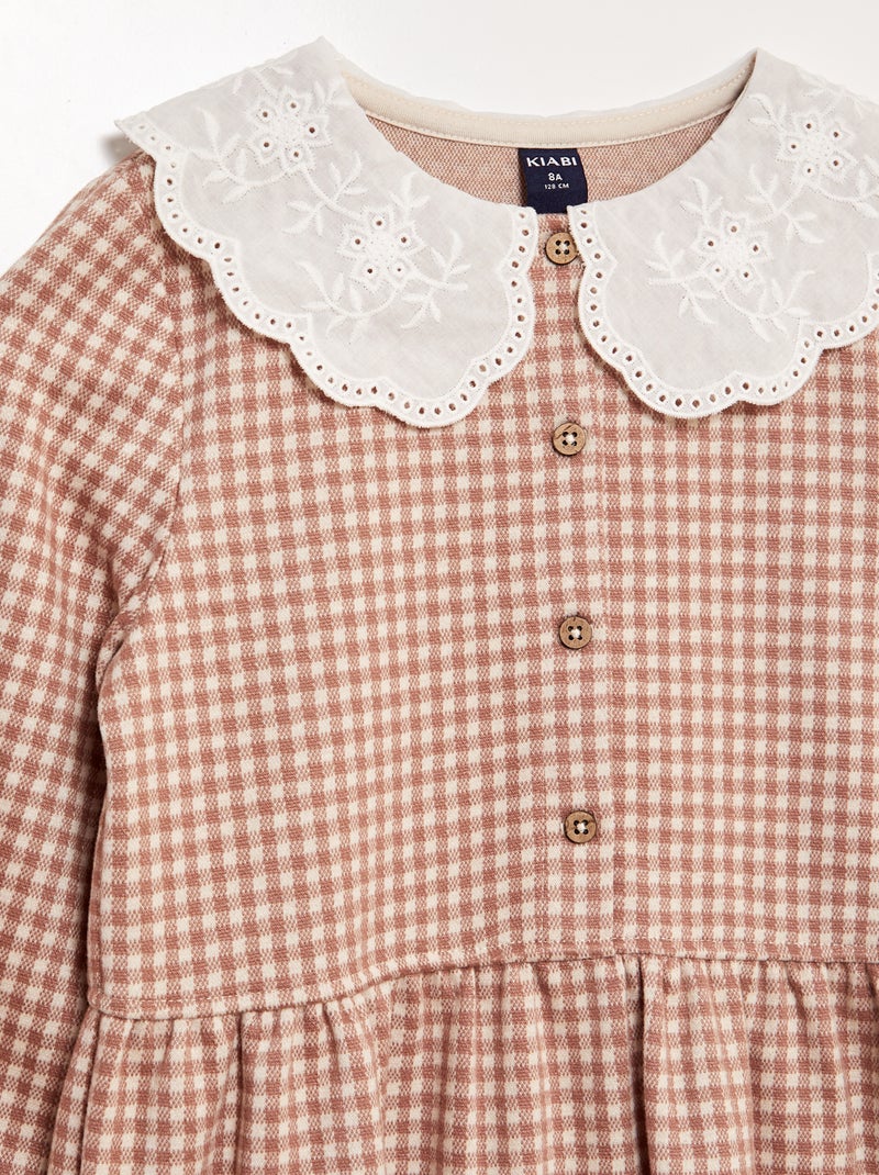 Lange geruite jurk met brede kraag BIEGE - Kiabi