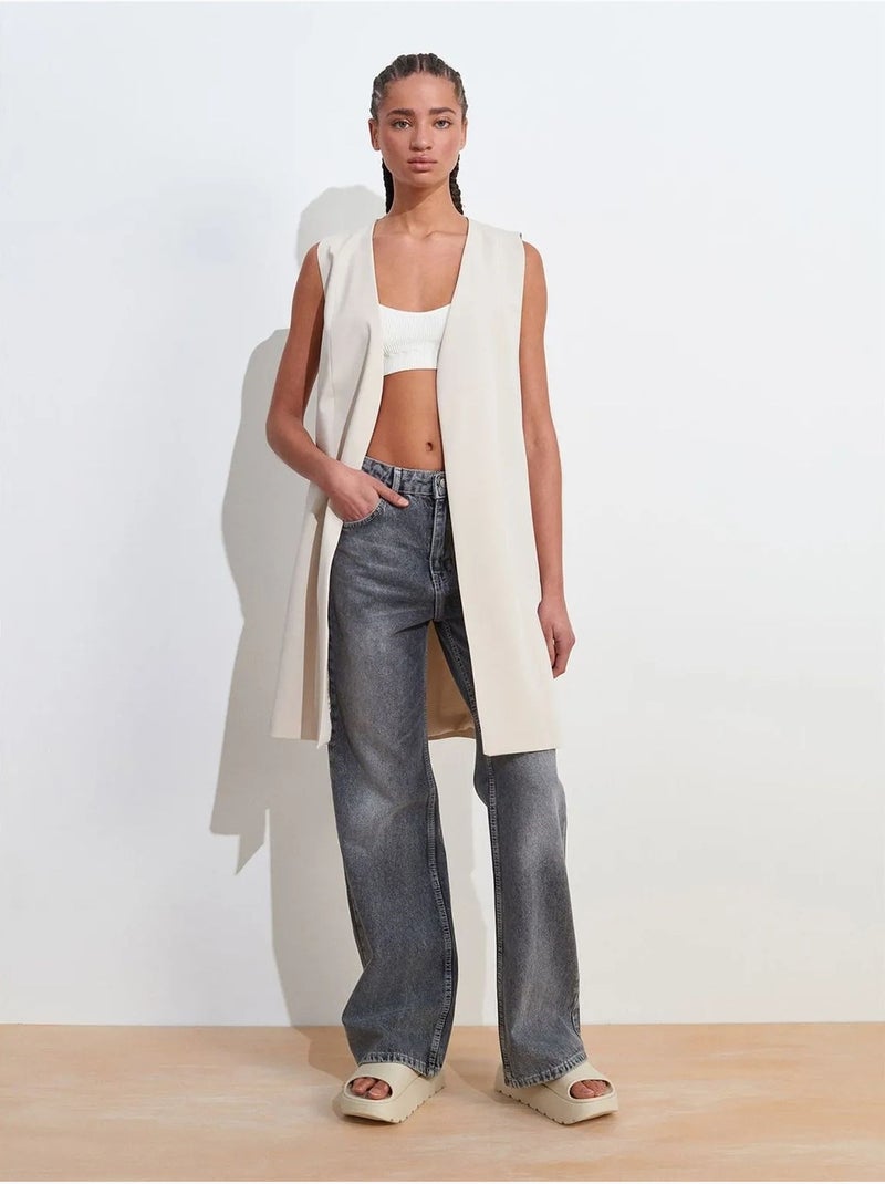 Lange geweven crêpe gilet met uitsnijding dilvin Crème - Kiabi