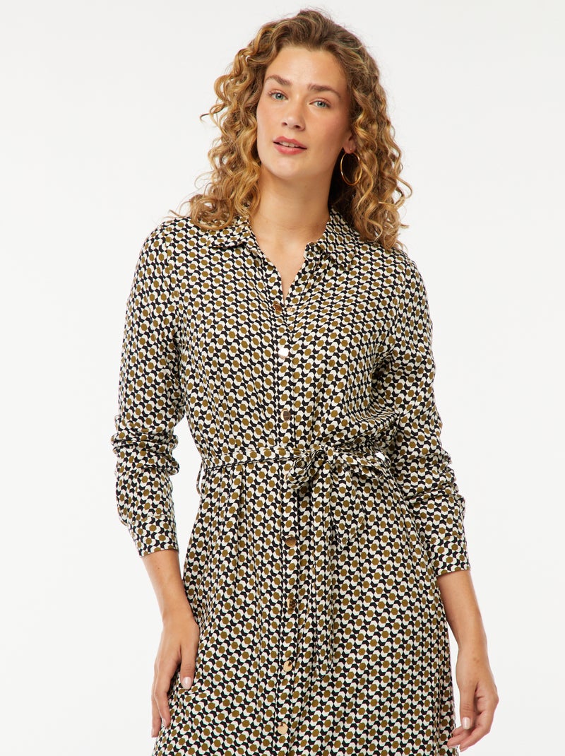 Lange hemdjurk met print en ceintuur Biege - Kiabi