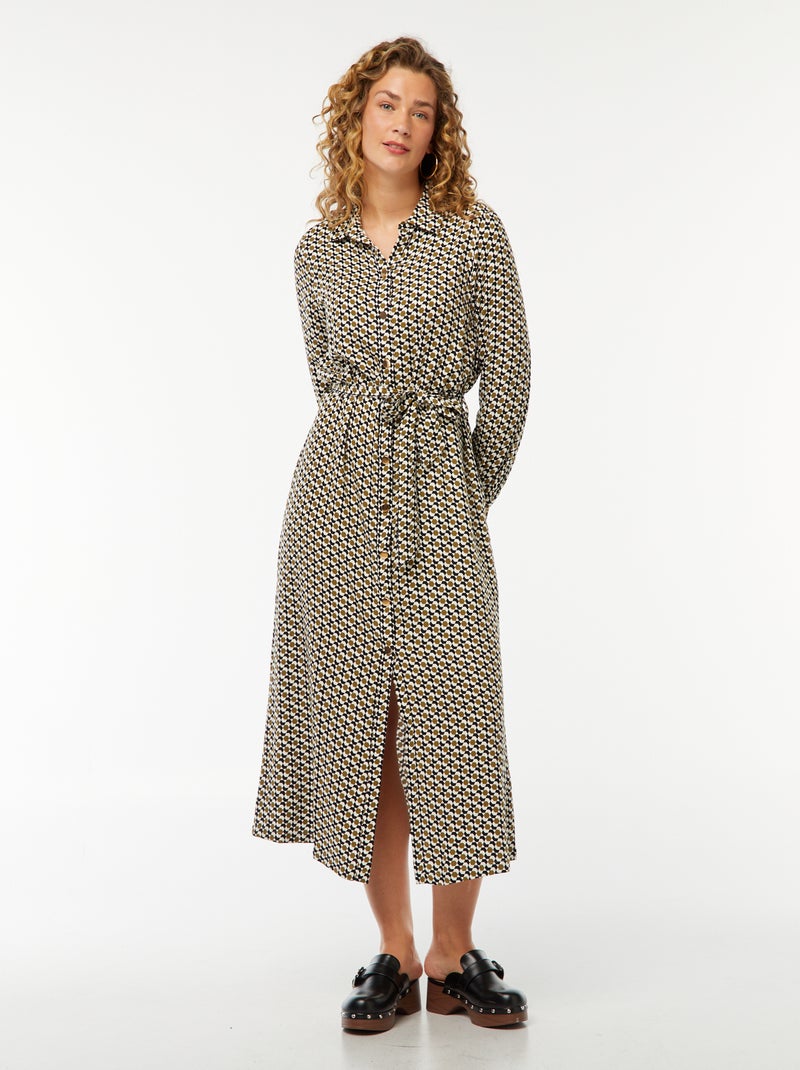 Lange hemdjurk met print en ceintuur Biege - Kiabi