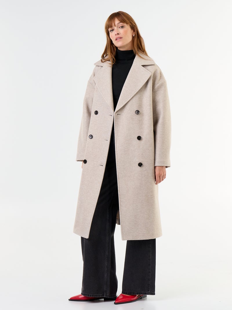 Lange jas met wollook en reverskraag Biege - Kiabi