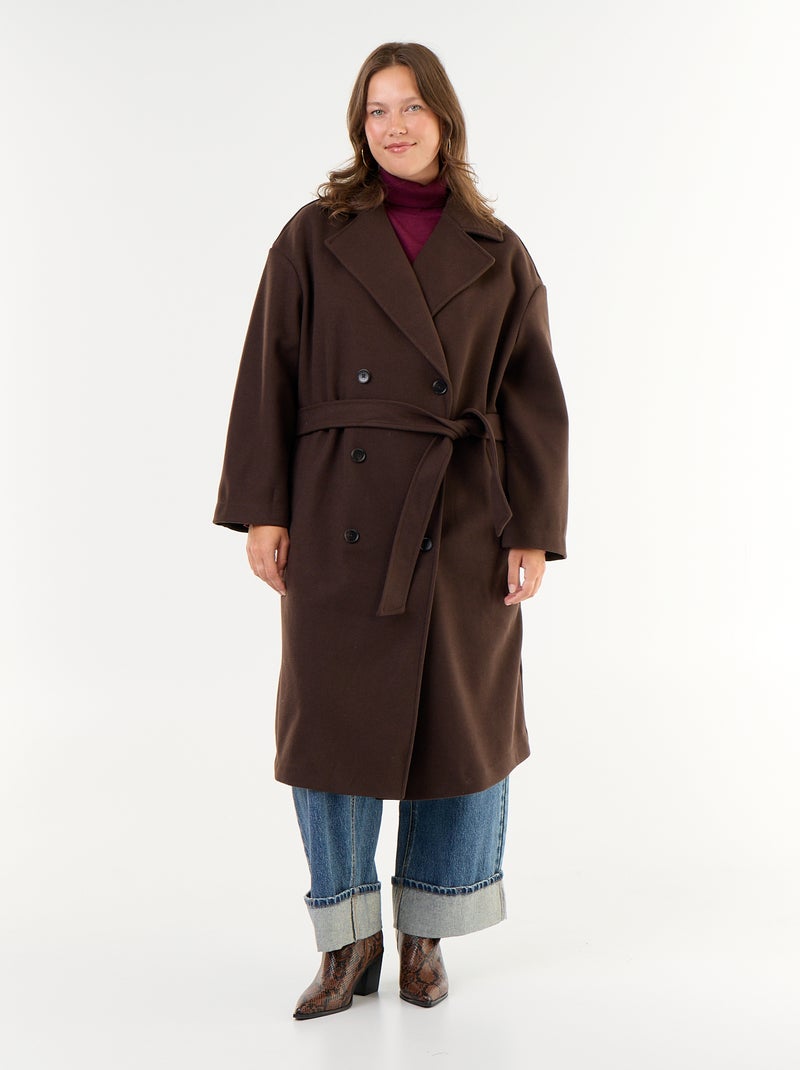 Lange jas met wollook en tailleurkraag Bruin - Kiabi