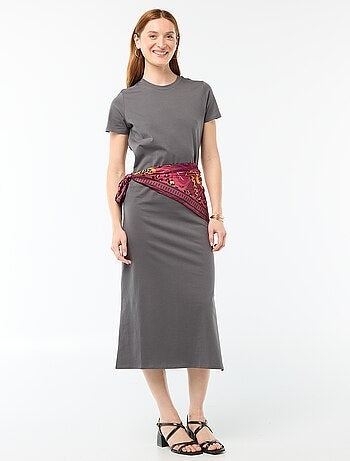 Lange jersey jurk met korte mouwen