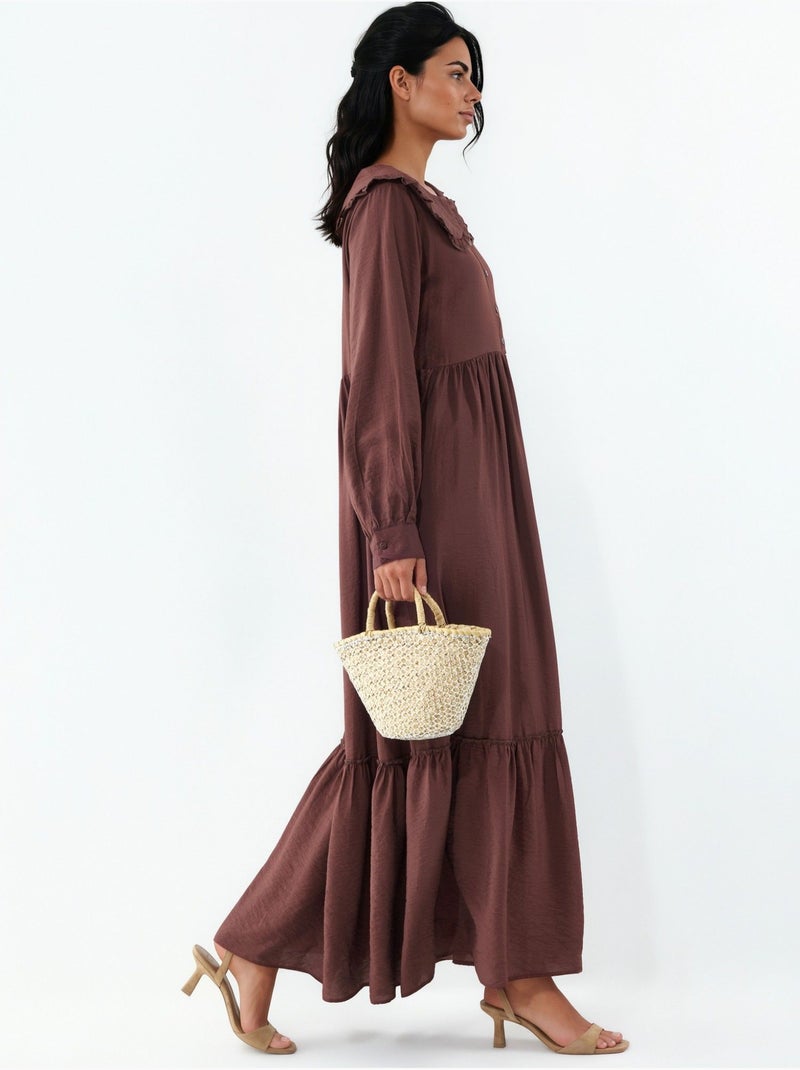 Lange jurk met babykraag en knoopsluiting bdart Chocoladebruin - Kiabi