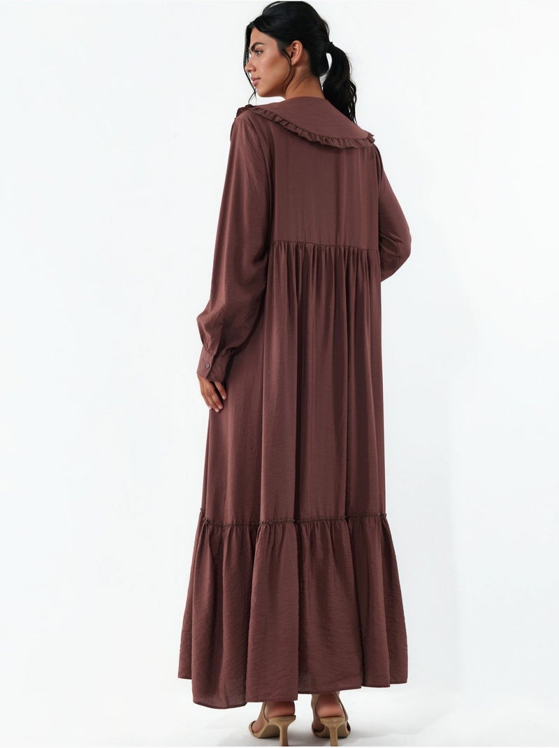 Lange jurk met babykraag en knoopsluiting bdart Chocoladebruin - Kiabi