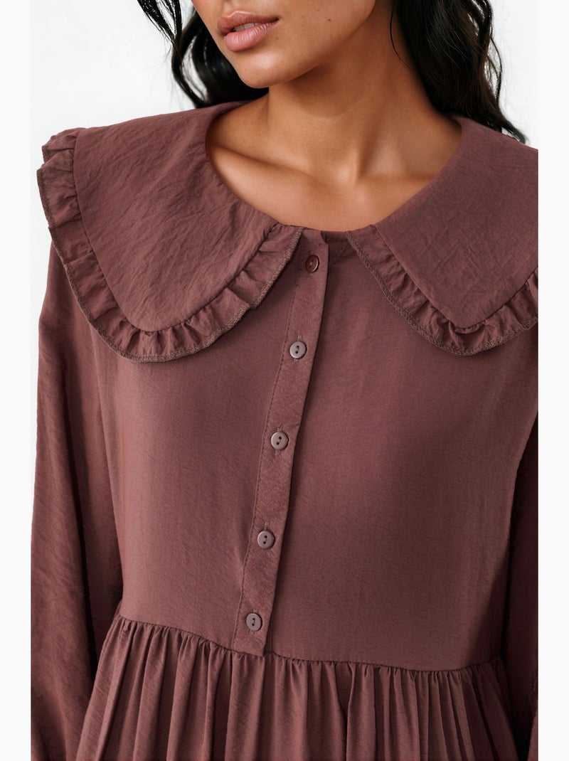 Lange jurk met babykraag en knoopsluiting bdart Chocoladebruin - Kiabi