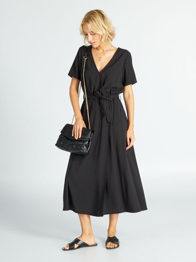 Lange jurk met overslag zwart - Kiabi