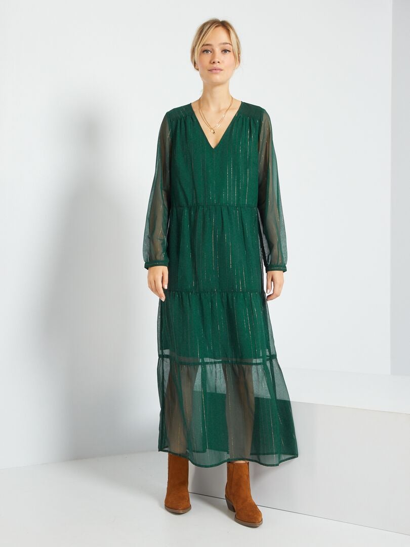 Lange jurk met print en ruches grijs groen - Kiabi