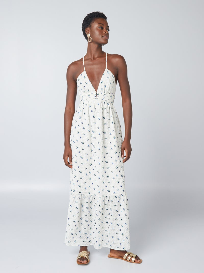 Lange jurk met print en smalle bandjes WIT Dame Kiabi