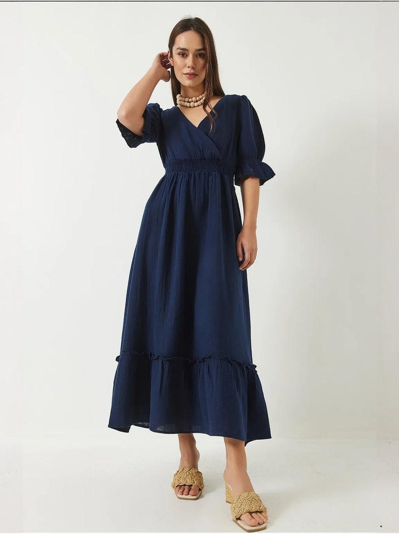 Lange jurk met wikkelhals en elastische taille en mouwen lucci Marineblauw - Kiabi