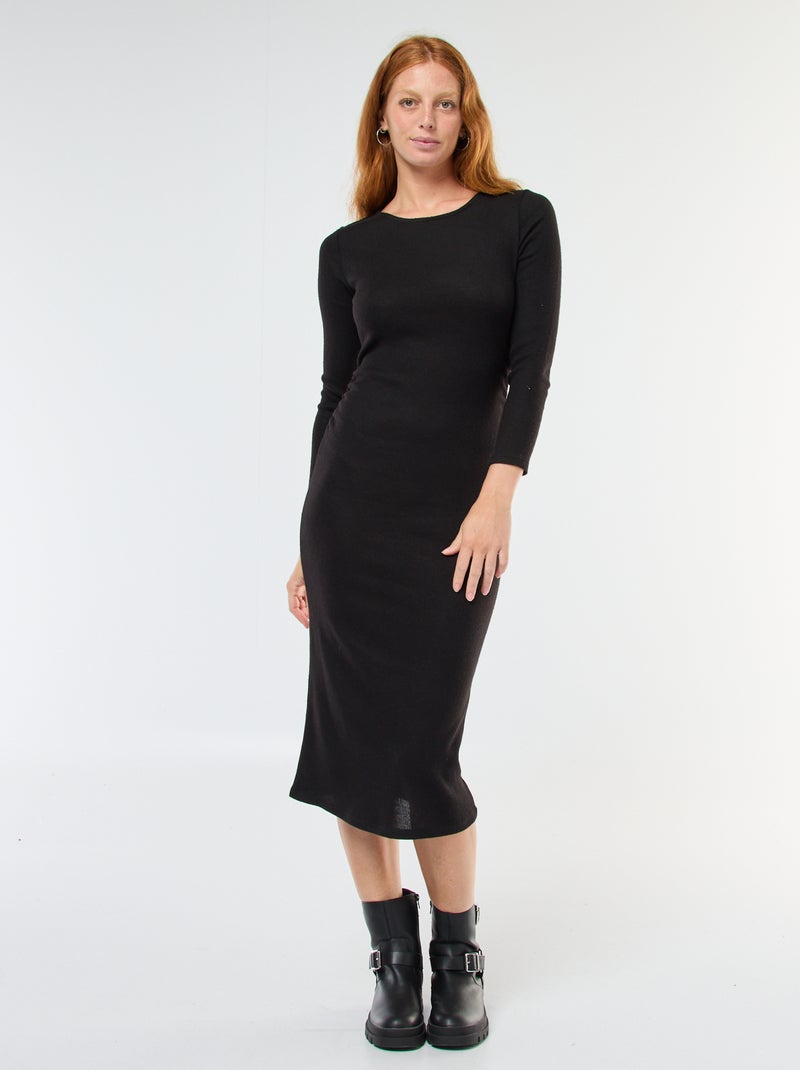 Lange jurk van zacht tricot met lange mouwen zwart - Kiabi