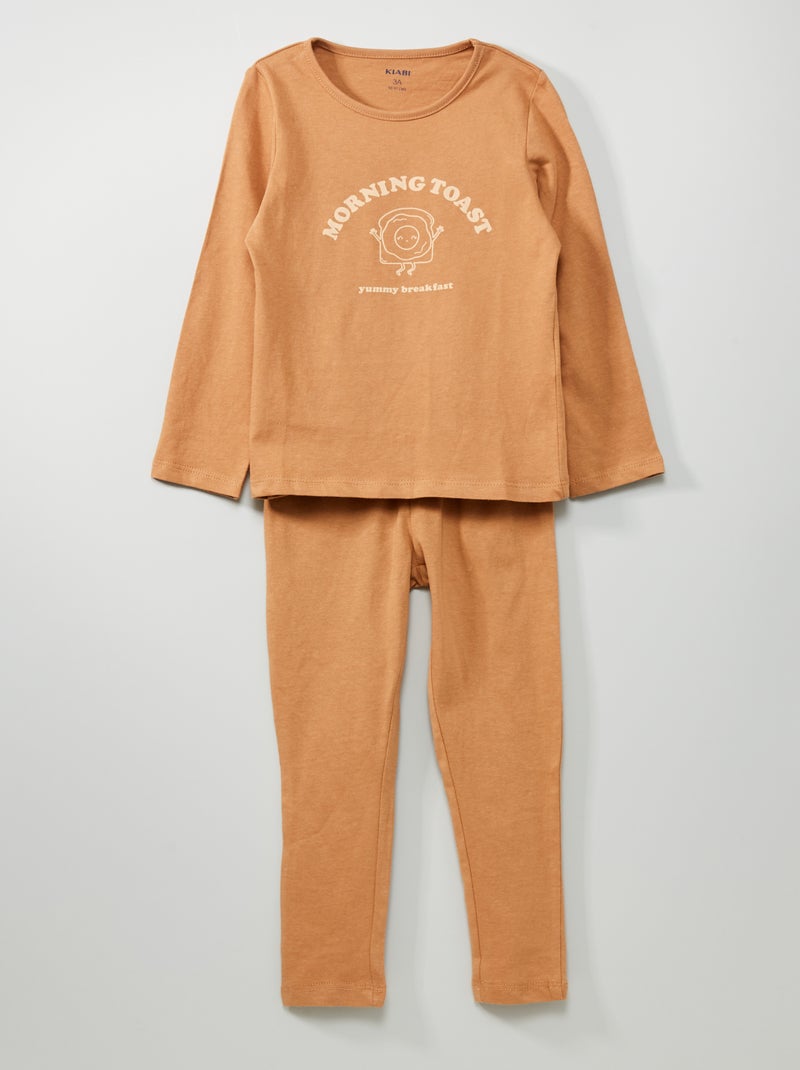 Lange katoenen pyjama met print - 2-delig BRUIN - Kiabi