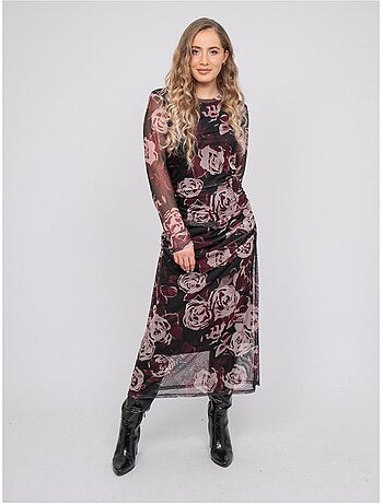 Lange mesh jurk met rozenprint irma