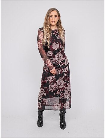 Lange mesh jurk met rozenprint irma