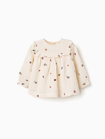 Lange mouw katoenen blouse met geborduurde bloemen