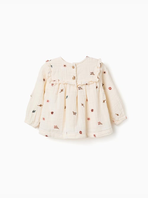 Lange mouw katoenen blouse met geborduurde bloemen - Kiabi