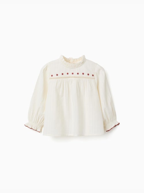 Lange mouw katoenen shirt met bloemen en ruches - Kiabi