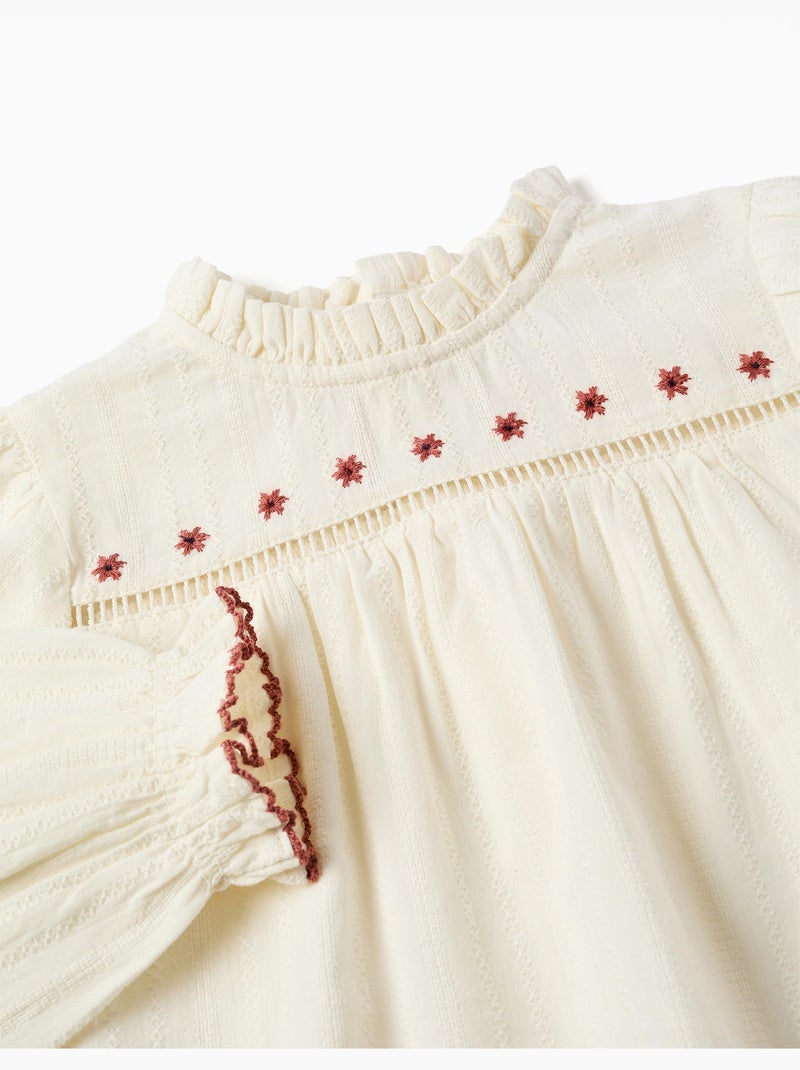 Lange mouw katoenen shirt met bloemen en ruches Wit - Kiabi