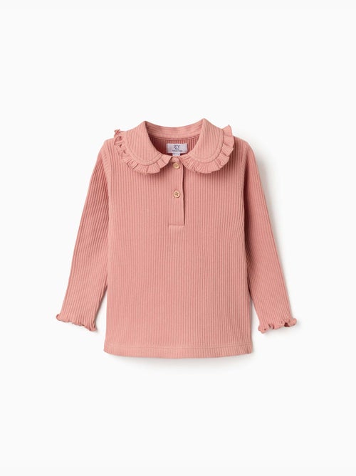 Lange mouwen geribde t-shirt met rucheskraag - Kiabi