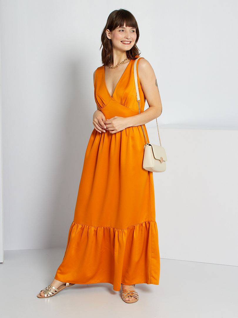 Lange, mouwloze jurk met satijneffect oranje - Kiabi