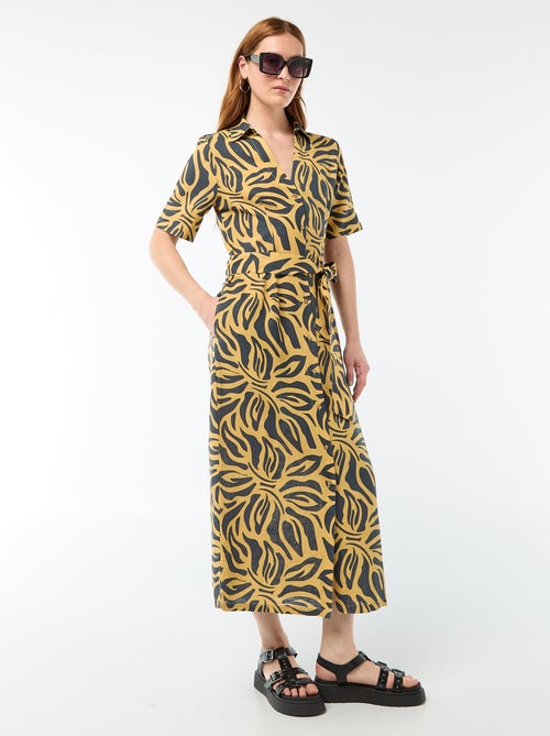 Lange overhemdjurk met korte mouwen van katoen en linnen - Kiabi