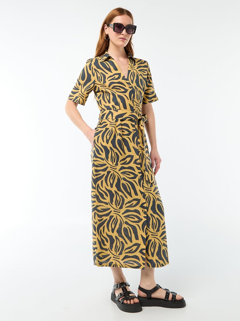 Lange overhemdjurk met korte mouwen van katoen en linnen Geel - Kiabi