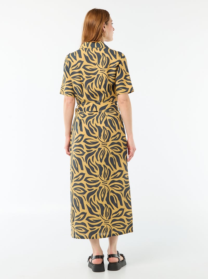Lange overhemdjurk met korte mouwen van katoen en linnen Geel - Kiabi