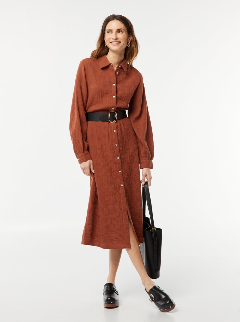 Lange overhemdjurk van luchtig katoen BRUIN - Kiabi