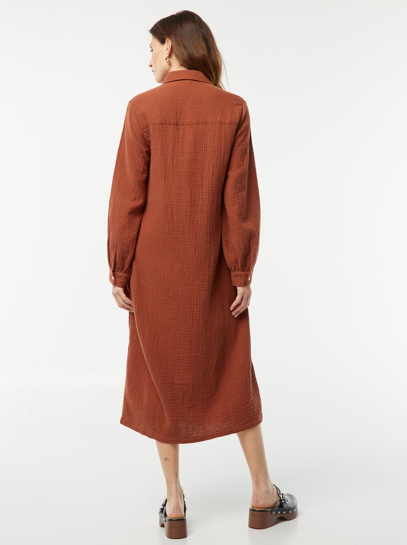 Lange overhemdjurk van luchtig katoen BRUIN - Kiabi
