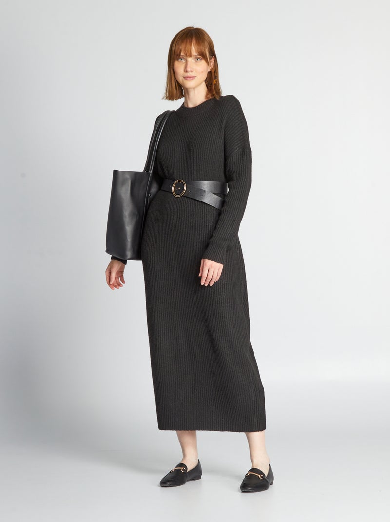 Lange, oversized jurk van ribstof ZWART - Kiabi