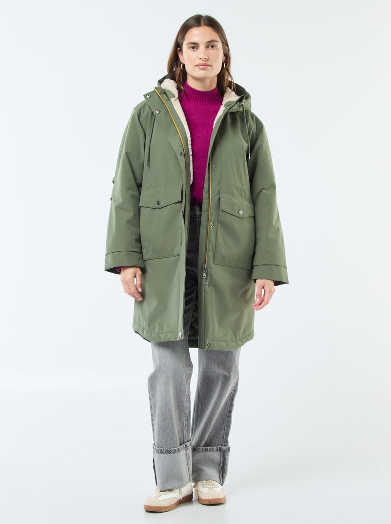 Lange parka met capuchon en voering met schapenvachteffect Groen - Kiabi