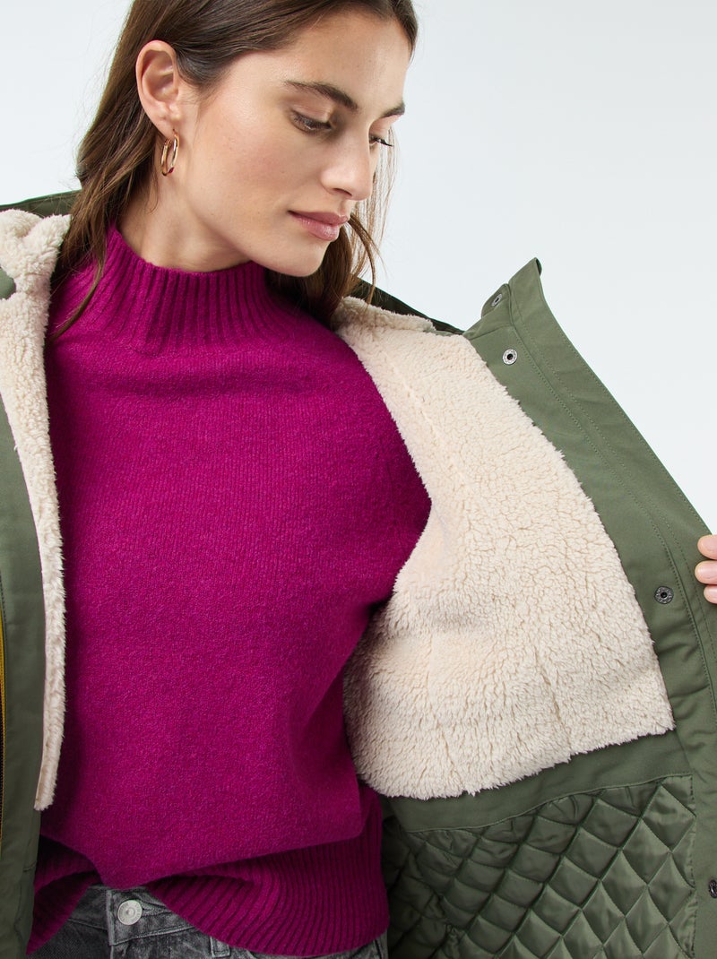 Lange parka met capuchon en voering met schapenvachteffect Groen - Kiabi