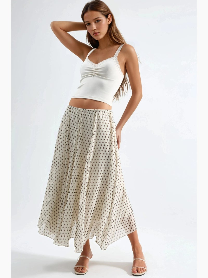 Lange polkadotrok met hoge taille busem Crème - Kiabi