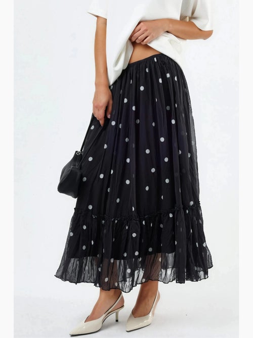 Lange polkadotrok met hoge taille en volants busem - Kiabi